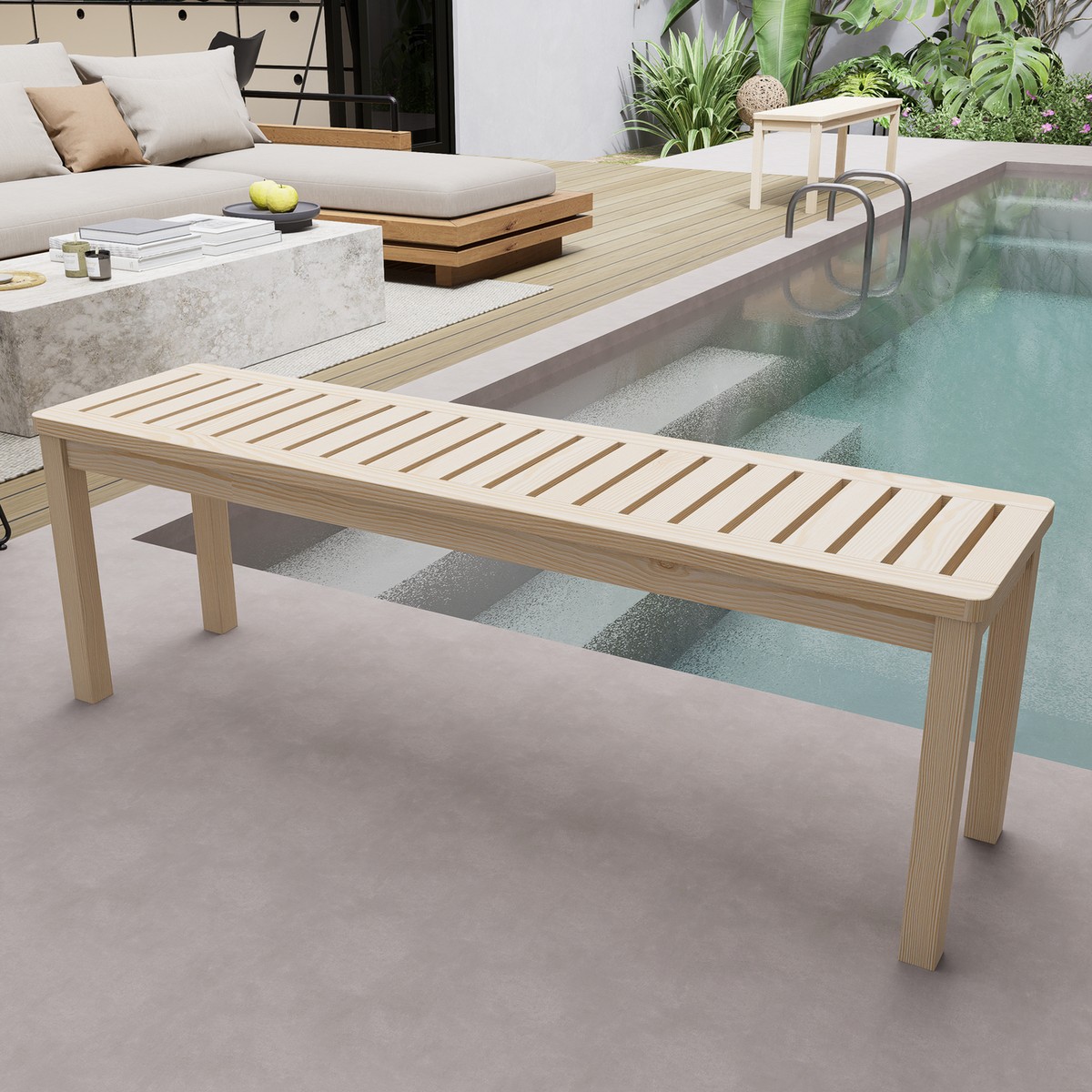 Outdoor Solid Wood Knot-Free Pine Backless Dining Bench with