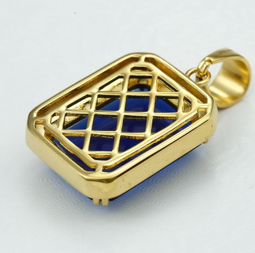 Stainless Steel.Royal Blue Cubic Zirconia Rectangle,Gold plated Unisex + Box - Picture 3 of 4