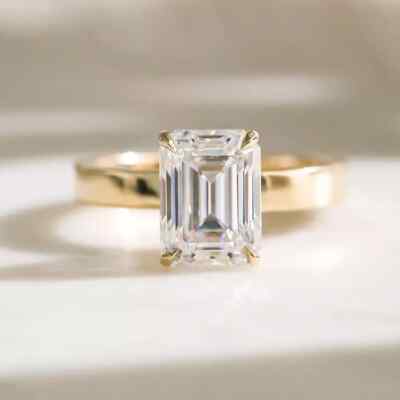 3,56 ct Smaragdschliff Moissanit kühn Verlobungsring Ehering 9 K massiv Gelbgold