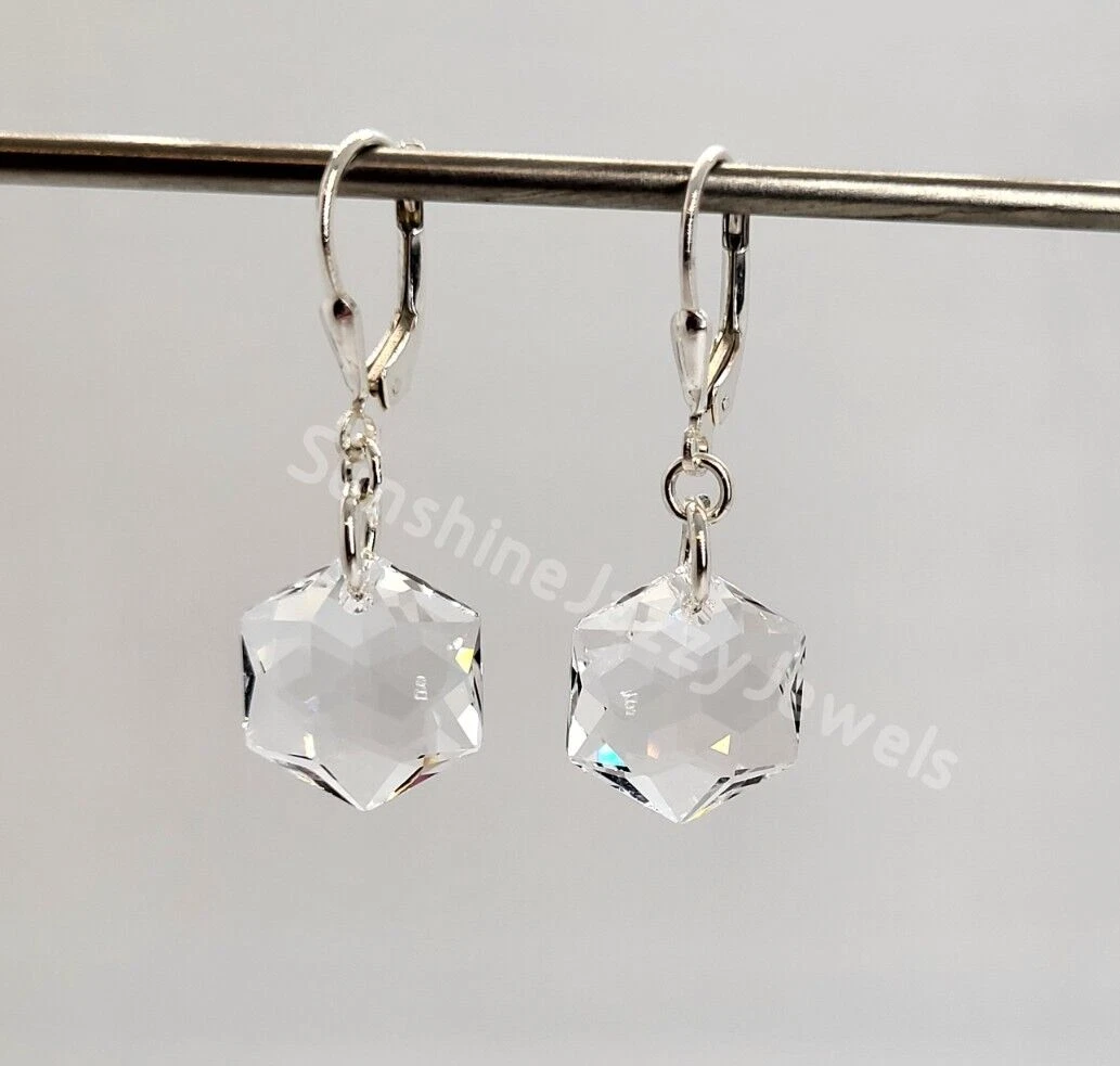 M W Sterling Silver Swarovski Crystal Clear Star Hexagon Earrings