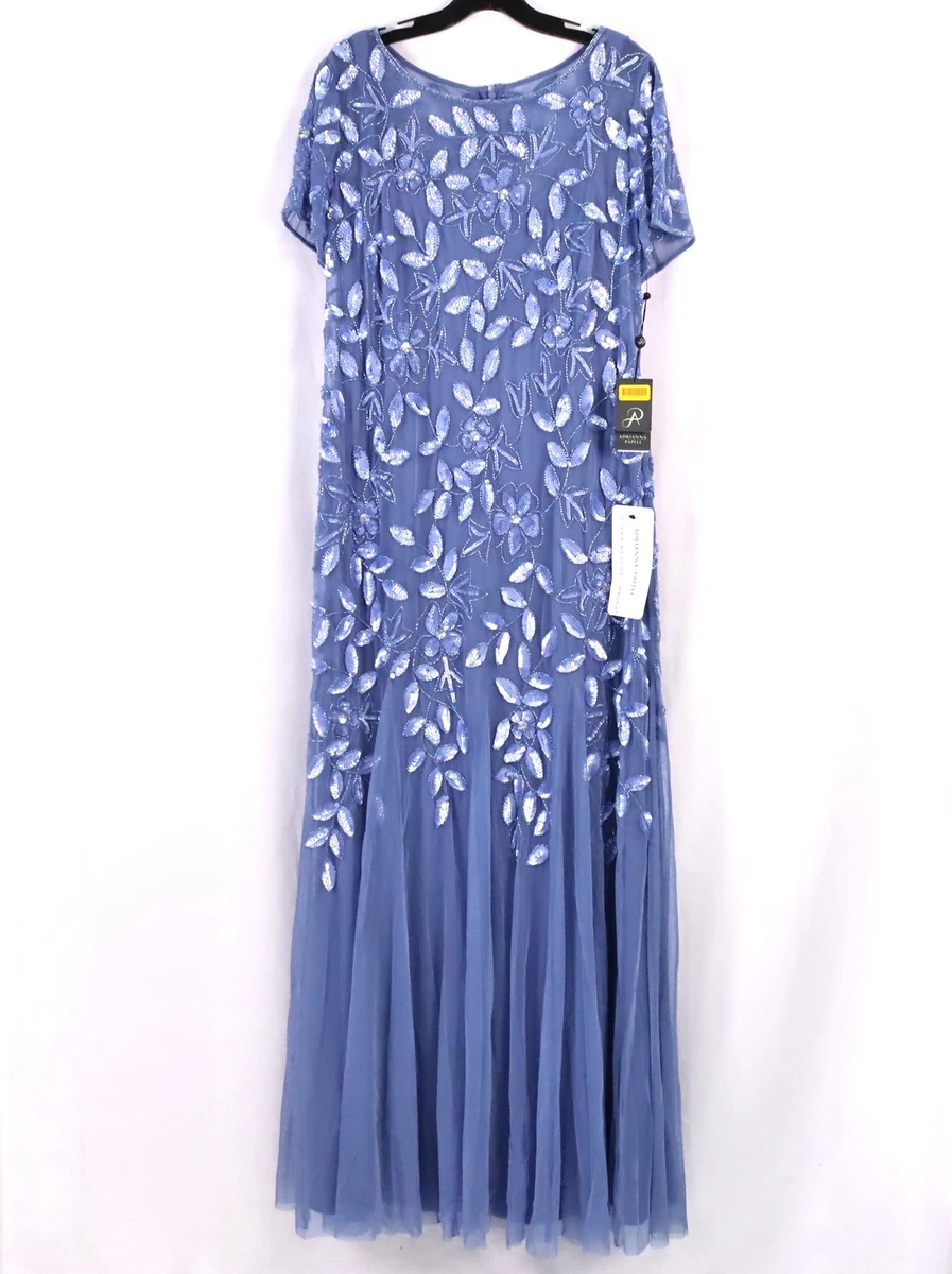 Maxi Vestido Largo Adrianna Papell Floral Con Cuentas En Azul Francés Para Mujer Talla US 16W