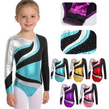 DE Kinder Mädchen Turnanzug Langarm Gymnastikanzug Glitzer Tanzbody Dancewear