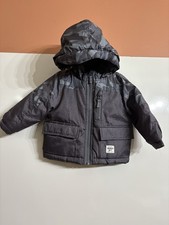 Oshkosh B  Gosh Puffer Jacket Gray Hooded Zip Up Buttons Pockets 12 Months