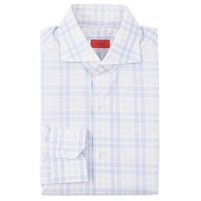 Isaia Tailored 'Mix Fit' Sky Blue-Tan-White Check Cotton Dress Shirt 15 Eu 38