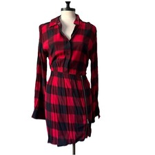 NWT Express Women’s Button front Dress Buffalo Red Black Plaid Side Split Zip Lg