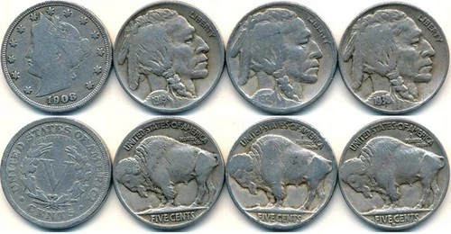 FOUR DECADES OF U.S. NICKELS #X43   -   INCLUDES 1908- 1919-1924-1938D