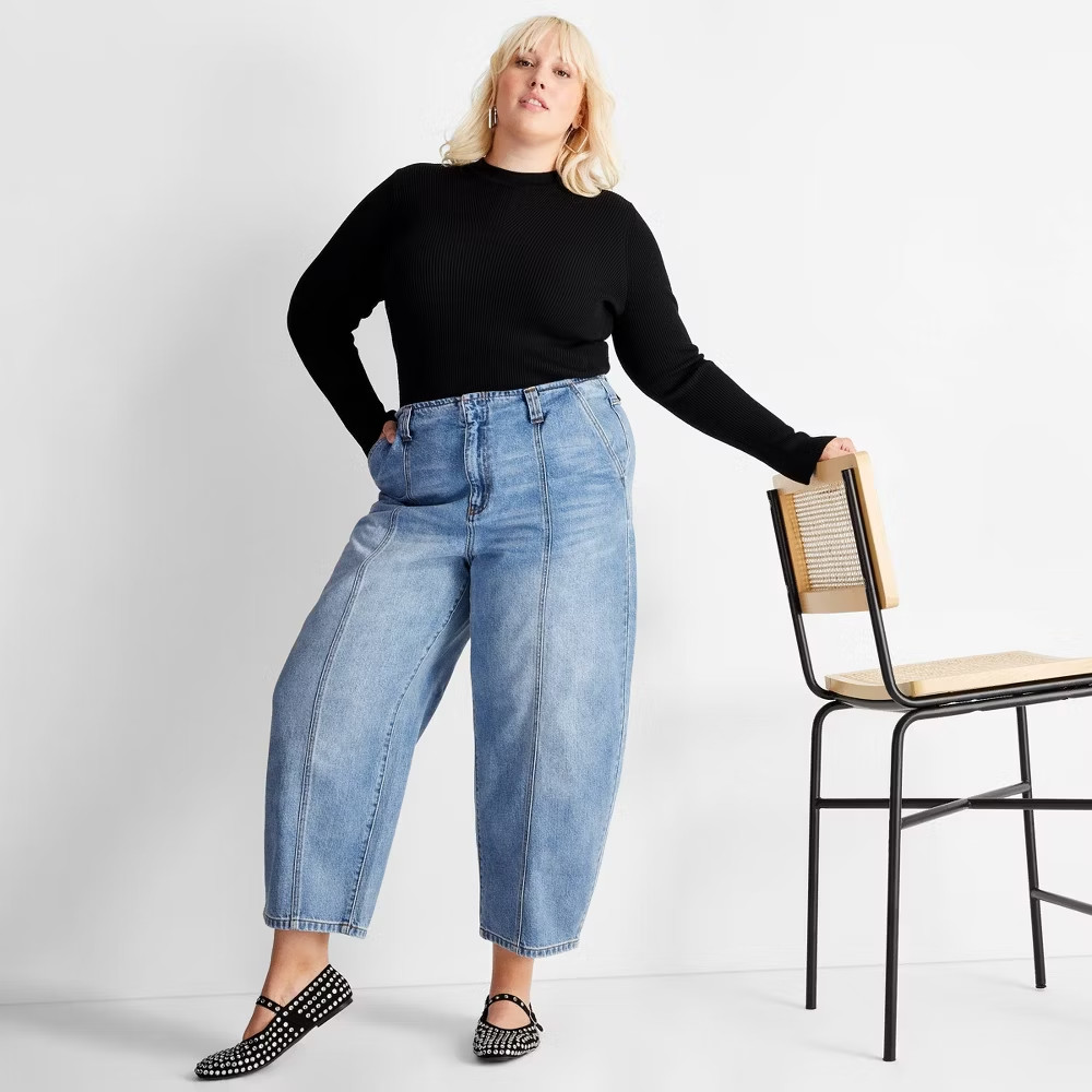 Women's Mid-Rise Barrel Leg Jeans - Future Collective Medium Wash Plus Size 20