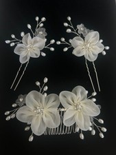 Wedding Hair Comb with Organza Flowers   Pearl  Rhinestone Set of 3