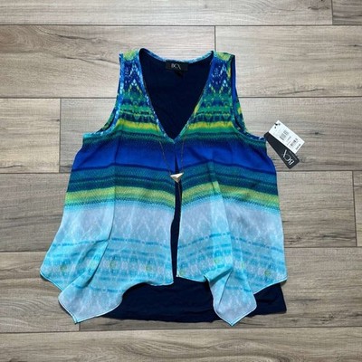 BCX Womens Tank Top With Printed Overlay And Necklace Size Large Blues Green