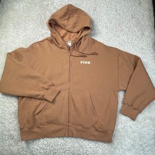 Victoria's Secret Pink Campus Fleece Full Zip Hoodie Toffee Brown Womens Large