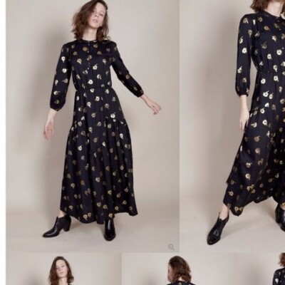 Warm NY / Ladyland black metallic gold floral long sleeve Maxi Dress 2  medium M | eBay