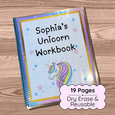 Reusable Preschool Dry-Erase Workbook  Ages 3-5  Unicorn  Dinosaur Theme