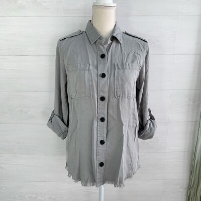 NWT Thread & Supply - Gray button front shirt fringed hem roll tab sleeves, S