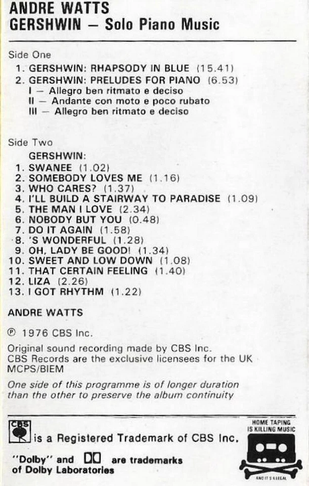 André Watts Gershwin Solo Piano Music CASSETTE ALBUM Rhapsody In Blue 3 Preludes - Image 3 of 4