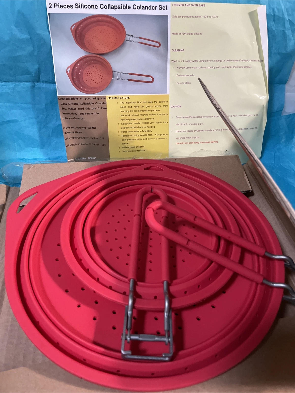 2 Pc Collapsible Food Grade Silicone Colander Folding Metal Handles Space Saving