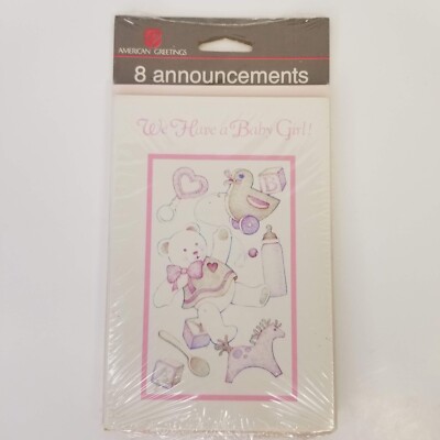 American Greetings Baby Girl Birth Announcement Cards 8 Count Pink New Vintage