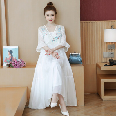 Lockeres langes Kleid Damen Blumenstickerei Chiffon Netz chinesisch ethnisch Rüschen