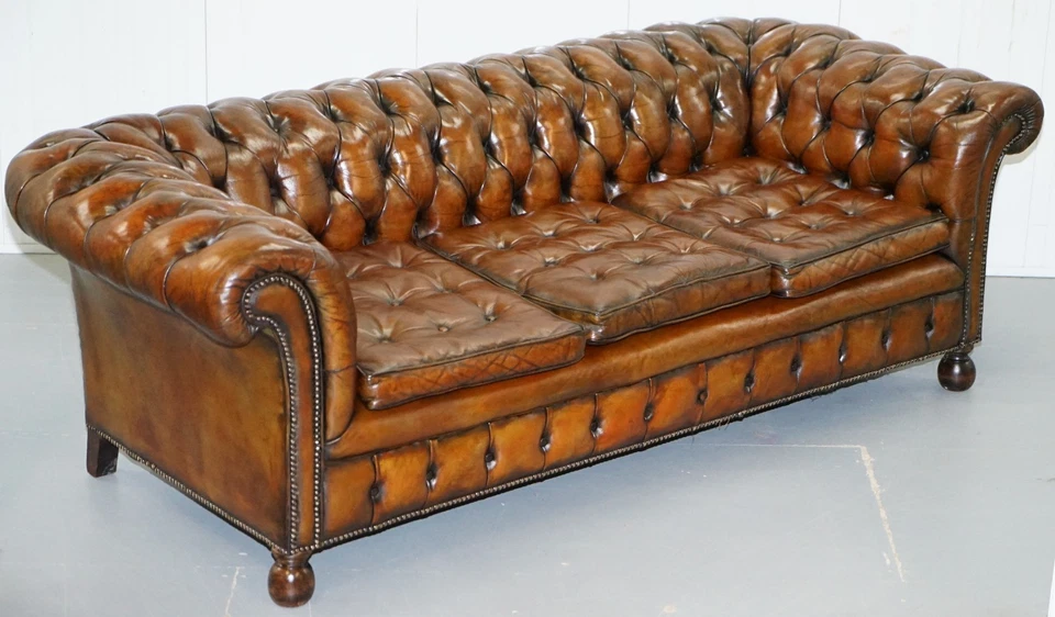FULLY SPRUNG THOMAS CHIPPENDALE RESTORED AGED BROWN LEATHER CHESTERFIELD SOFA — 第 3/4 张图片