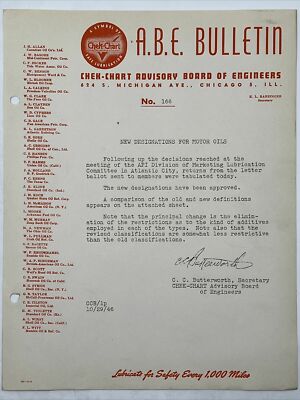1946 CHEK-CHART A.B.E. BULLETIN NO 166 New Designations for Motor Oils API Div.