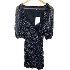 ZARA NWT Black Short Puff Sleeve Ruched Polka Dot  Mini Dress Size Medium