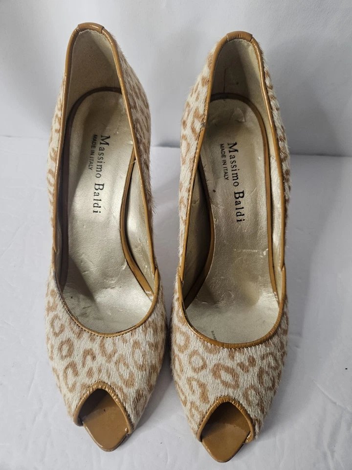 EUC Massimo Baldi Leopard Print Haircalf Peep Toe High Heel Italian Pumps Sz 7 - Image 3 of 4
