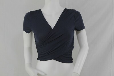 AMBIANCE Juniors Size Medium Wrap Top Navy Short Sleeve V-neck NWOT