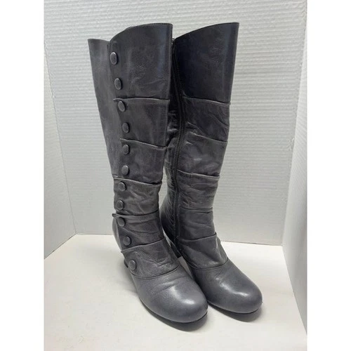 Miz Mooz Amelia Grey Leather Button Pleated Tall Boots Size 7.5 38