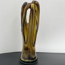 VTG Art Glass Hand Blown Pulled Stretched Free Form Basket Vase 8.25" MCM
