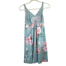 Flora Nikrooz Blue Floral Chemise Nightgown Soft Knit Lace Bodice EUC Womens L