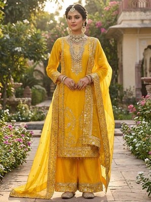 Wedding Collection Heavy Silk Kurta Palazzo With Dupatta For Women & Girls
