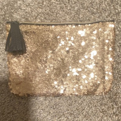 Ipsy Gold Sequin Makeup Bag with Zipper Black Tassel Red Interior Cosmetic Pouch
