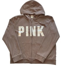PINK Victoria's Secret Zip Up Hoodie Womens XL Brown Silver Logo Athleisure Cozy