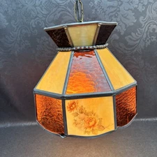 Vintage Multicolour Studio Art Stained Glass Ceiling Swag Light Lamp Mid Century