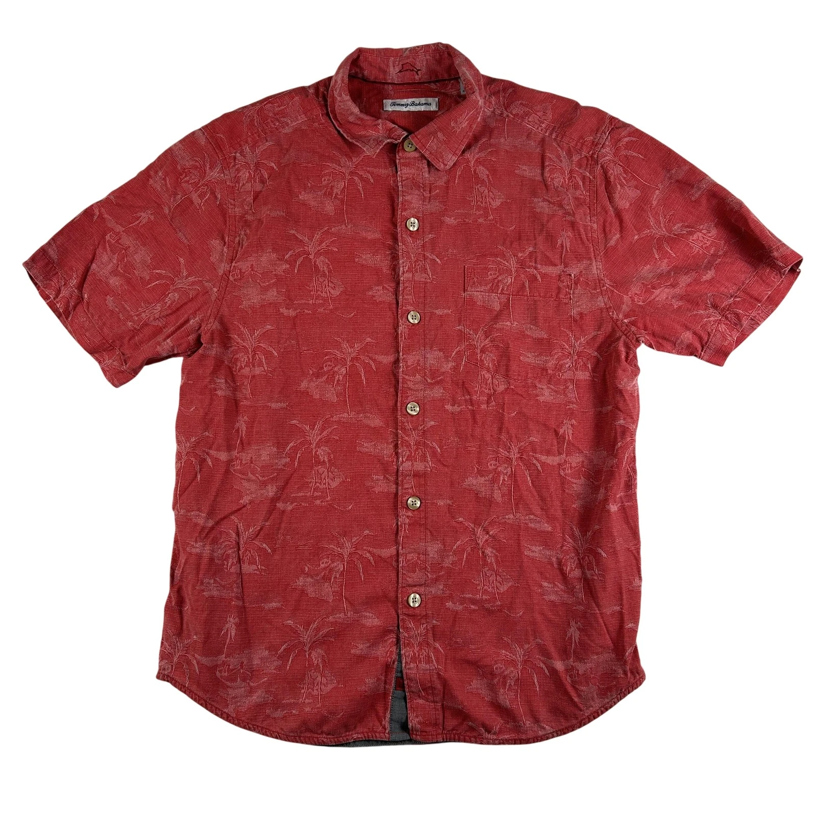 Tommy Bahama Shirt Mens Medium Red Palm Jacquard Hawaiian Short Sleeve Button