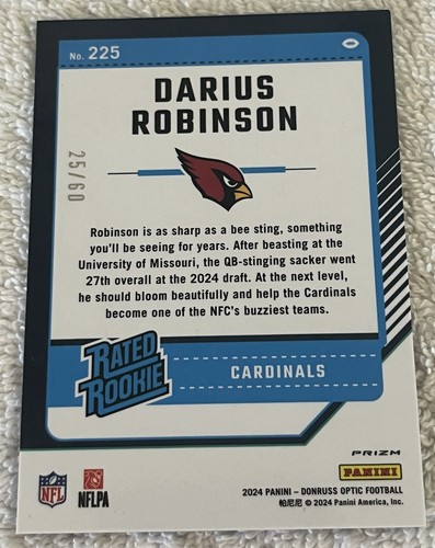 2024 Donruss Optic Darius Robinson Rated Rookie Purple Prizm /60 RARE - Picture 2 of 6