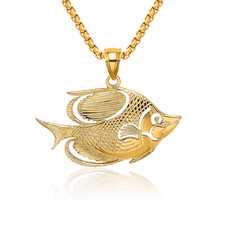 14K Solid Yellow Gold Fish Necklace