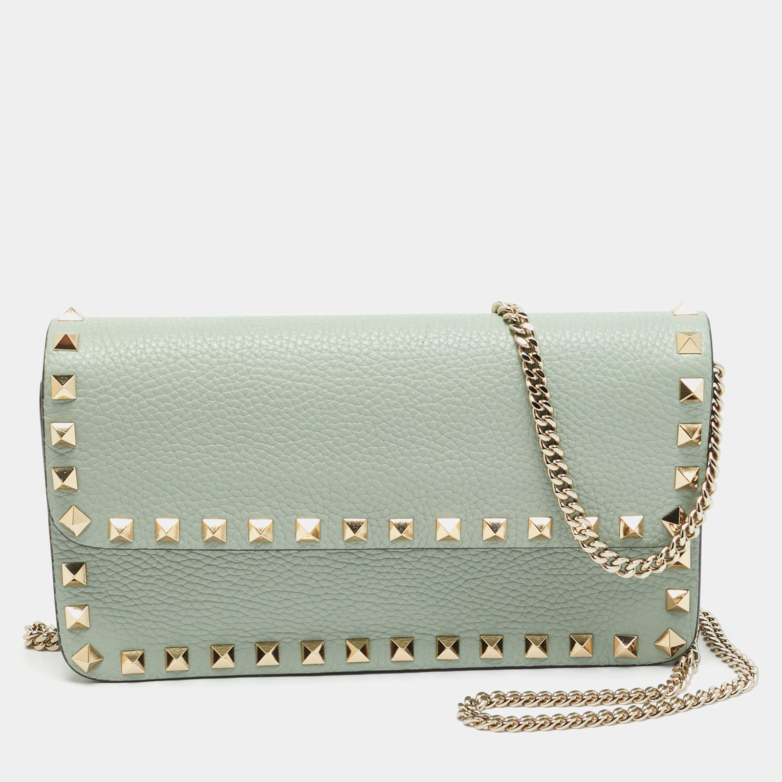 Valentino Rockstud Light Green Leather Wallet On Chain