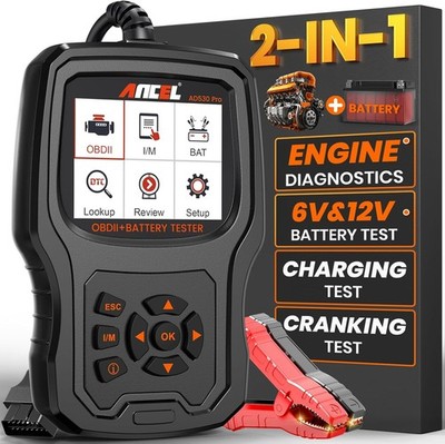 2-in-1 OBD2 Scanner and 12V Car Battery Tester Live Data Check Engine Reader