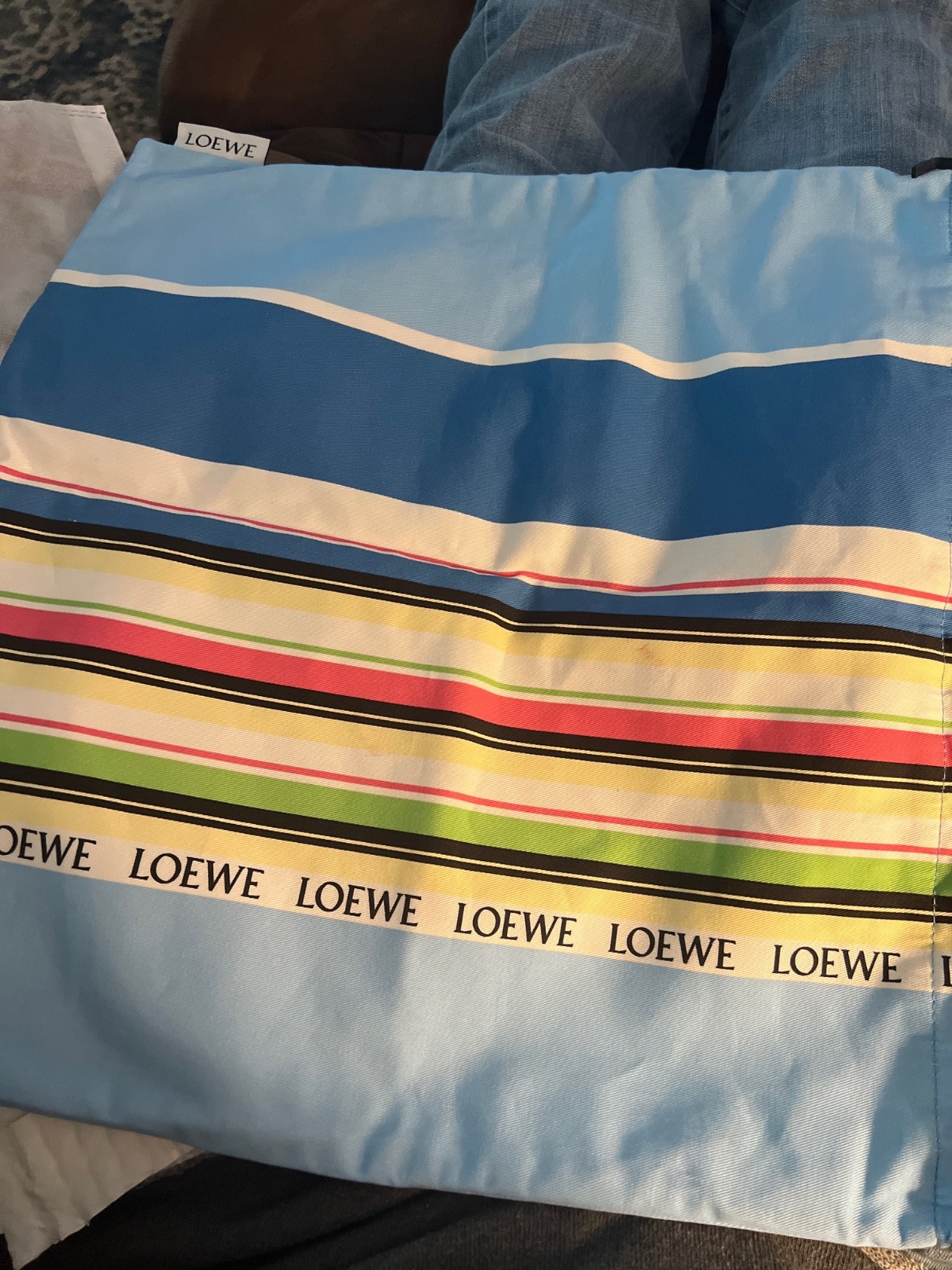 New with COA, Loewe x Paula’s Ibiza Striped Canvas Large Drawstring Pouch