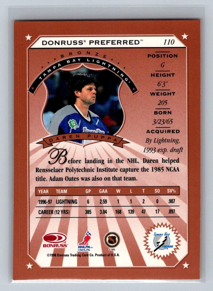1997-98 Donruss Preferred Bronze Daren Puppa #110 - Image 2 of 2