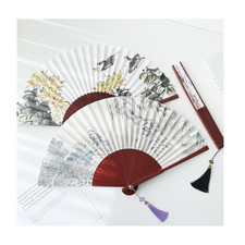 Vintage Korean Folding Fan Bamboo Hand Fan Plum Chrysanthemum Landscape