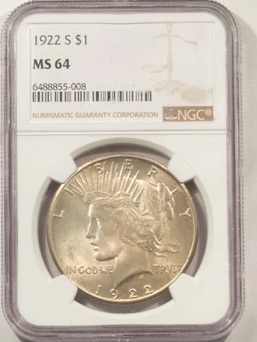 1922-S $1 PEACE DOLLAR - NGC MS-64, FRESH & ORIGINAL!