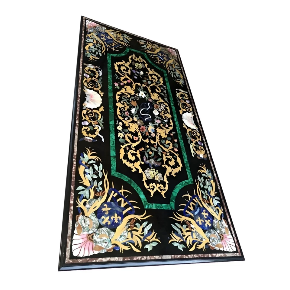Black Marble Inlay Dining Table – Handmade Pietra Dura Art Stone... - Image 3 of 4