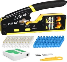 RJ45 Crimp Tool Kit Pass Through Cat6 Tester 50 Connectors 50 Boots Stripper