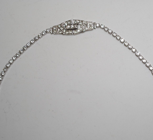 Art Deco PHYLLIS STERLING SILVER Clear Rhinestone Necklace Vintage Signed 15" - Picture 11 of 19