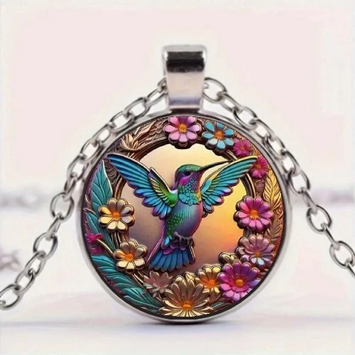 Cute Colorful Kingfisher Pattern Round Pendant Necklace, Bohemian Style - product listing photo