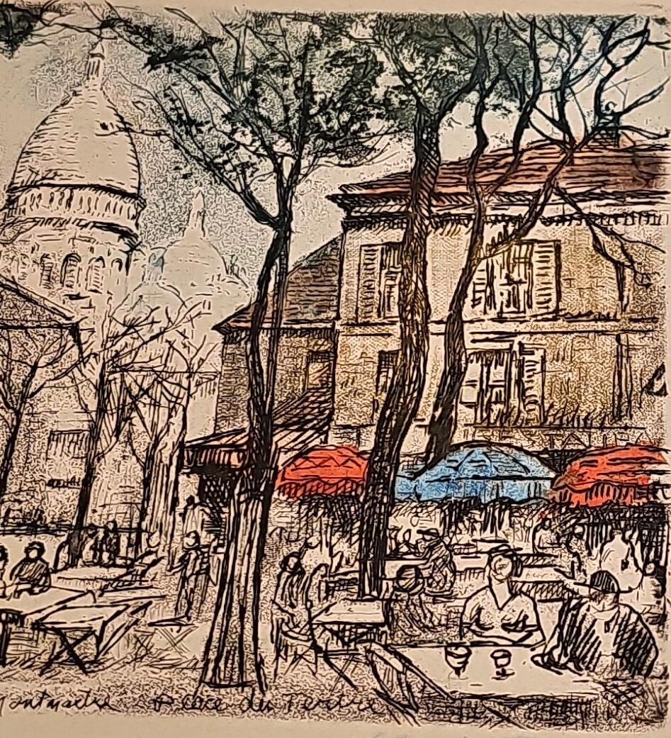 PLACE DU TERRE イラスト PARIS 1994 油絵 絵画 格安 PARIS, Montmartre, Place du Tertre Ansicht etching signed free