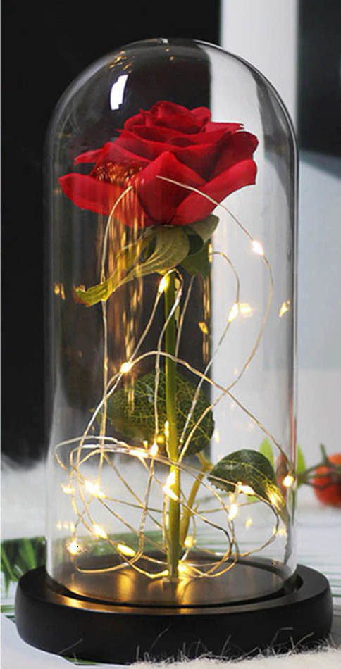 Red Rose In Crystal Clear Glass Dome with Soft White LED Lights