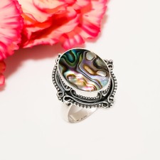 Natural Abalone Shell Gemstone 925 Sterling Silver Ring Oxidize Jewelry Gift.