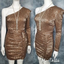 New Lavish Alice Dress Size 8 UK Gold Sequin One Shoulder Bodycon Party Clubbing